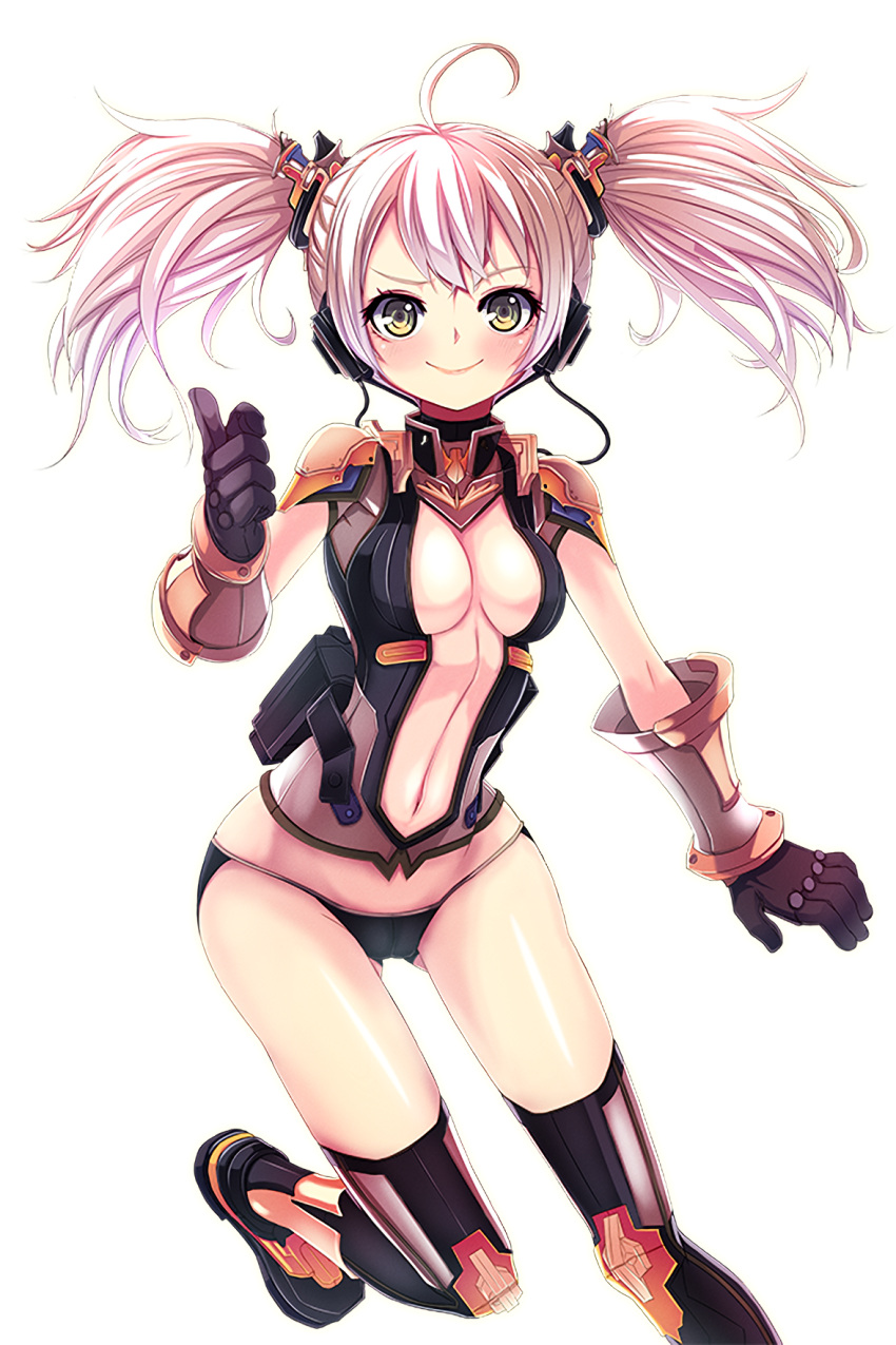 ass_visible_through_thighs black_gloves black_jacket black_legwear black_panties boots breasts female gloves grey_eyes hair_ornament high_heel_boots high_heels highres iggy_(soccer_spirits) jacket looking_at_viewer medium_breasts navel official_art panties pink_hair pointing pointing_at_viewer reason_(ficafe) resized smile soccer_spirits third-party_source transparent_background twintails underwear upscaled