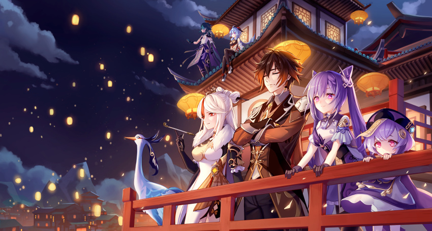 2boys 5girls absurdres architecture bird black_hair building china_dress chinese_clothes closed_eyes cloud cloud_retainer_(genshin_impact) crossed_arms dress east_asian_architecture fence ganyu_(genshin_impact) genshin_impact gloves green_hair hair_ornament hat highres holding holding_smoking_pipe horns jiangshi keqing_(genshin_impact) lalazyt lantern lantern_festival long_sleeves md5_mismatch multiple_boys multiple_girls night night_sky ningguang_(genshin_impact) outdoors paper_lantern purple_eyes purple_hair qiqi_(genshin_impact) resolution_mismatch rooftop sitting sky sky_lantern smile smoking_pipe source_smaller standing xianyun_(genshin_impact) xiao_(genshin_impact) zhongli_(genshin_impact)