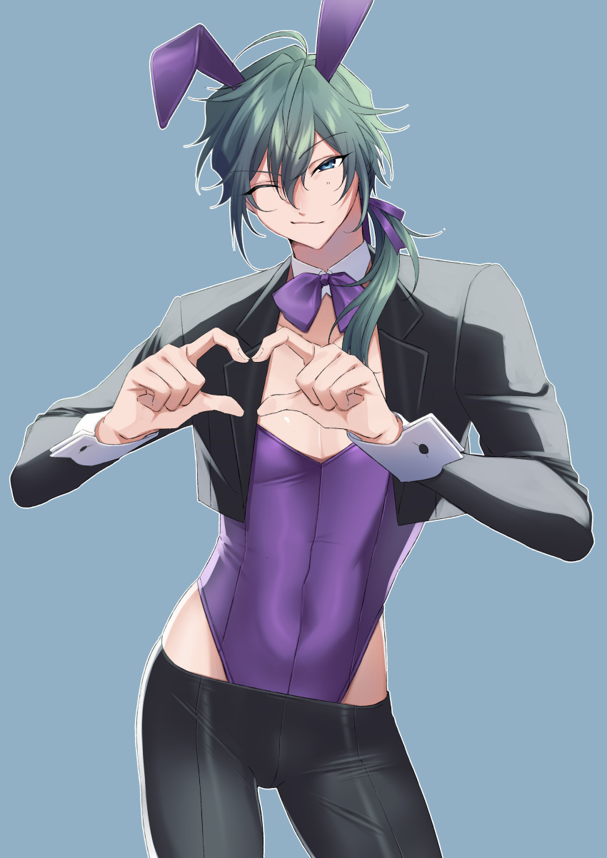 1boy ;) absurdres ahoge animal_ears backlighting bare_hips black_jacket black_pants blue_background blue_eyes bow bowtie bulge commentary_request contrapposto cowboy_shot cropped_jacket crossdressing crotch_seam detached_collar double-parted_bangs ensemble_stars! fake_animal_ears green_hair hair_between_eyes hair_over_shoulder half-closed_eye hands_up heart heart_hands highleg highleg_leotard highres jacket leotard leotard_under_clothes long_hair long_sleeves looking_at_viewer lowleg lowleg_pants male_focus male_playboy_bunny omiyacha one_eye_closed pants pectoral_cleavage pectorals ponytail purple_bow purple_bowtie purple_leotard rabbit_ears shiina_niki shiny_clothes simple_background sleeve_cuffs smile smirk solo standing strapless strapless_leotard taut_clothes taut_pants