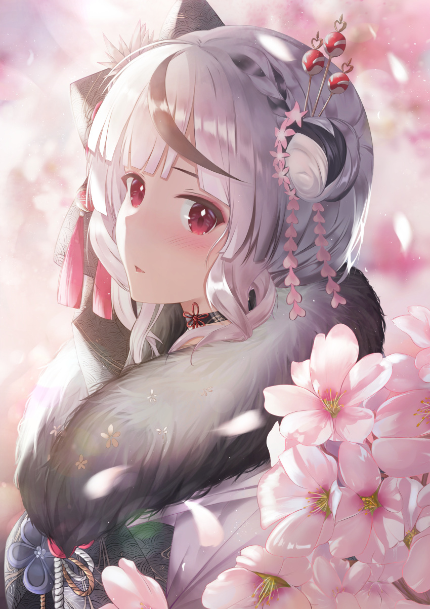 absurdres black_hair blunt_bangs blush braid cherry_blossoms choker female finale flower fur_collar grey_hair hair_bun hair_flower hair_ornament hair_ribbon hairpin highres hololive japanese_clothes kimono looking_at_viewer multicolored_hair official_alternate_costume petals pink_flower red_eyes ribbon sakamata_chloe sakamata_chloe_(new_year) seigaiha single_hair_bun single_side_bun solo streaked_hair upper_body virtual_youtuber