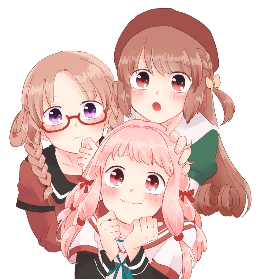 3girls brown_hair food highres hiiragi_nemu kamihama_university_affiliated_school_uniform magia_record:_mahou_shoujo_madoka_magica_gaiden mahou_shoujo_madoka_magica multi-tied_hair multiple_girls pink_hair pizza pizza_slice purple_eyes red_eyes red_hair sailor_collar sankyoin_academy_school_uniform satomi_touka school_uniform serafuku shirt st._liliana's_academy_school_uniform tamaki_ui ultimate_magnum white_shirt