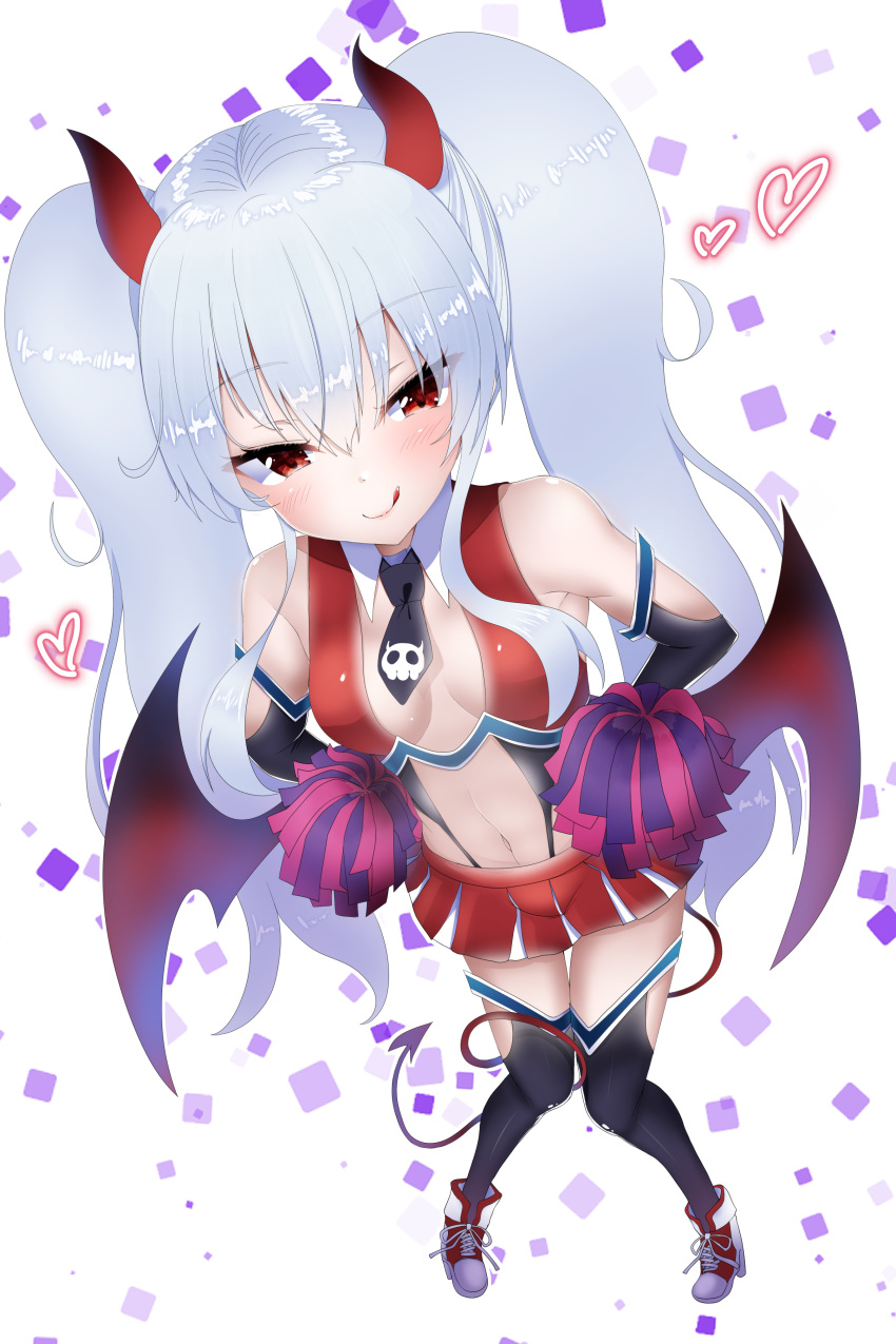 :d absurdres bad_id bad_pixiv_id black_gloves black_necktie black_thighhighs bombergirl breasts cheerleader cleavage closed_mouth commentary_request demon_girl demon_horns demon_tail demon_wings elbow_gloves evo_grim female full_body gloves gradient_horns grey_footwear grey_hair grim_aloe heart highres holding holding_pom_poms horns long_hair looking_at_viewer multicolored_horns necktie pom_pom_(cheerleading) quiz_magic_academy quiz_magic_academy_the_world_evolve red_eyes red_horns red_skirt red_tail red_wings skirt skull_print smile solo tail takimoto_yukari thighhighs twintails very_long_hair white_background wings