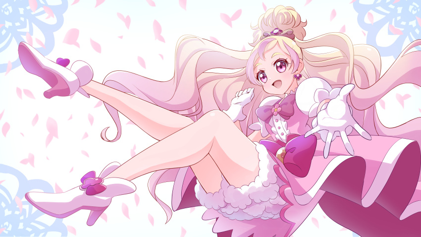 absurdres bare_legs blonde_hair bloomers boots bow cure_flora dress earrings female flower flower_earrings flower_necklace forehead full_body gloves go!_princess_precure haruno_haruka high_heel_boots high_heels highres jewelry long_hair looking_at_viewer magical_girl md5_mismatch open_mouth petals pink_dress pink_eyes precure puffy_short_sleeves puffy_sleeves resolution_mismatch rose_petals short_sleeves solo source_smaller thick_eyebrows tirofinire underwear waist_bow white_footwear white_gloves