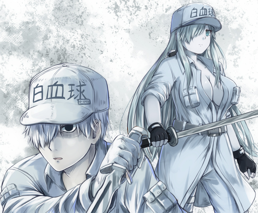 1boy baseball_cap black_gloves blue_eyes breasts character_name cleavage closed_mouth clothes_writing collarbone collared_jacket colored_skin commentary english_commentary female fingerless_gloves gloves grey_gloves grey_hair grey_headwear grey_jacket grey_pants grey_skin hair_over_one_eye hat hataraku_saibou hataraku_saibou_black highres hikari_niji holding holding_knife holding_sword holding_weapon in-franchise_crossover jacket katana knife large_breasts long_hair long_sleeves open_mouth pants shaded_face standing sword u-1146 u-1196 very_long_hair weapon white_blood_cell_(hataraku_saibou)