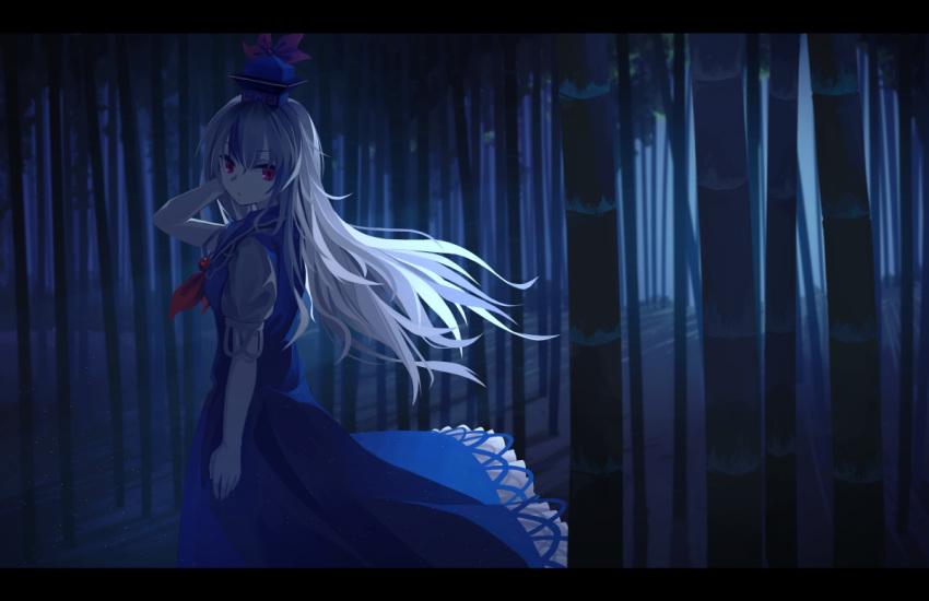 akaiha_(akaihasugk) bamboo bamboo_forest blue_dress blue_hair closed_mouth dress feet_out_of_frame female forest from_side grey_hair hat kamishirasawa_keine letterboxed long_hair looking_at_viewer multicolored_hair nature night red_eyes red_neckwear shirt short_sleeves solo touhou two-tone_hair white_shirt