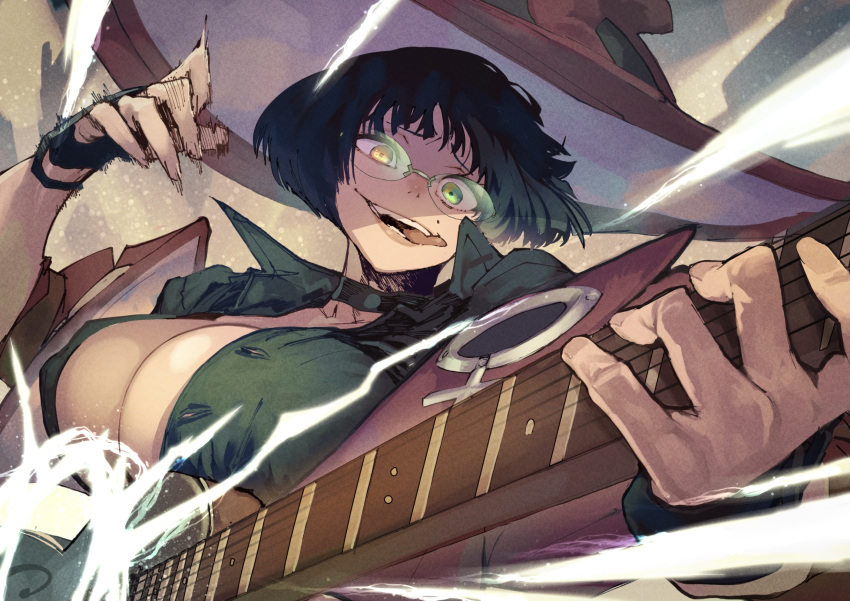 :p black_choker black_gloves black_hair black_shirt breasts choker cleavage commentary_request electric_guitar female fingerless_gloves glasses gloves green_eyes guilty_gear guilty_gear_strive guitar hat heterochromia highres hyocorou i-no instrument large_breasts looking_at_viewer mole mole_above_mouth red_hat shirt short_hair single_glove solo teeth tinted_eyewear tongue tongue_out upper_body