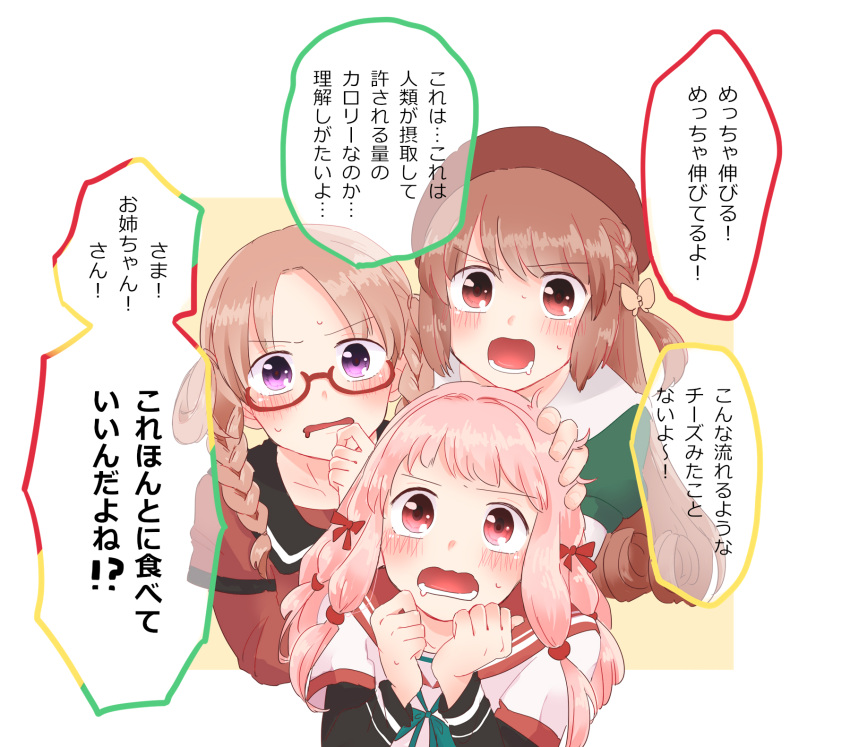 3girls brown_hair food highres hiiragi_nemu kamihama_university_affiliated_school_uniform magia_record:_mahou_shoujo_madoka_magica_gaiden mahou_shoujo_madoka_magica multi-tied_hair multiple_girls pink_hair pizza pizza_slice purple_eyes red_eyes red_hair sailor_collar sankyoin_academy_school_uniform satomi_touka school_uniform serafuku shirt speech_bubble st._liliana's_academy_school_uniform tamaki_ui translation_request ultimate_magnum white_shirt