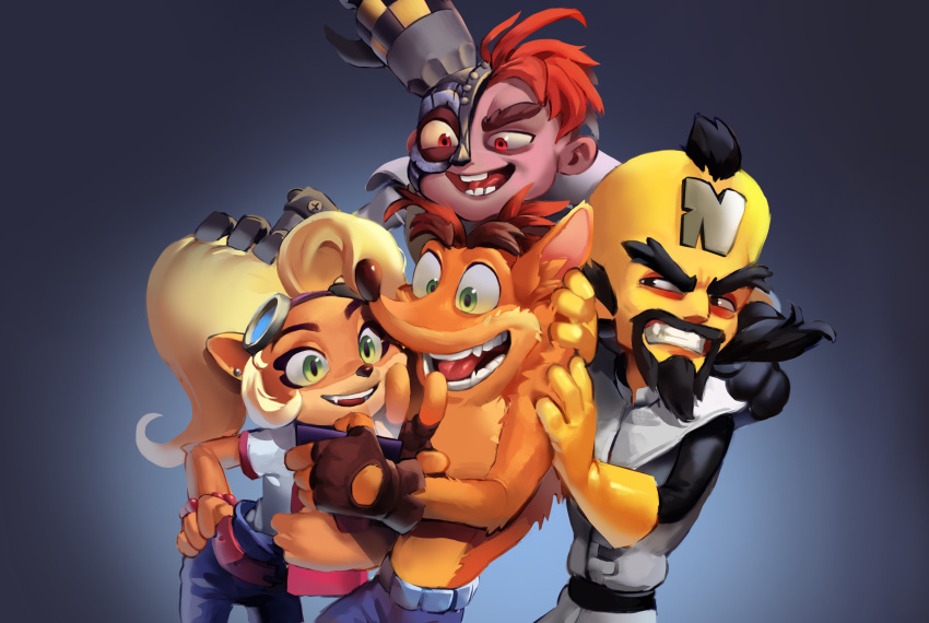 2020 activision annoyed anthro bandicoot black_hair blonde_hair clothing coco_bandicoot crash_(series) crash_bandicoot doctor_n._gin doctor_neo_cortex elinapires eyewear eyewear_on_head female fingerless_gloves fur gloves goggles goggles_on_head green_eyes group hair handwear hi_res human long_hair male mammal marsupial open_mouth open_smile red_eyes red_hair smile teeth tongue