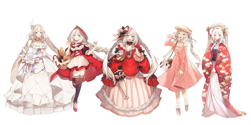 5girls alternate_costume alternate_hairstyle bag basket blue_eyes braid braided_ponytail cloak dress fate/grand_order fate_(series) gloves hair_ornament handbag hat highres hood hood_up hooded_cloak japanese_clothes kimono marie_antoinette_(fate) marie_antoinette_(festival_outfit)_(fate) marie_antoinette_(fgo_orchestra)_(fate) marie_antoinette_(fgo_x_takarazuka_kinen)_(fate) marie_antoinette_(the_princess'_pilgrimage)_(fate) marie_antoinette_(under_the_same_sky)_(fate) multiple_girls no-kan official_alternate_costume parasol shoes simple_background twin_braids twintails umbrella white_background white_hair