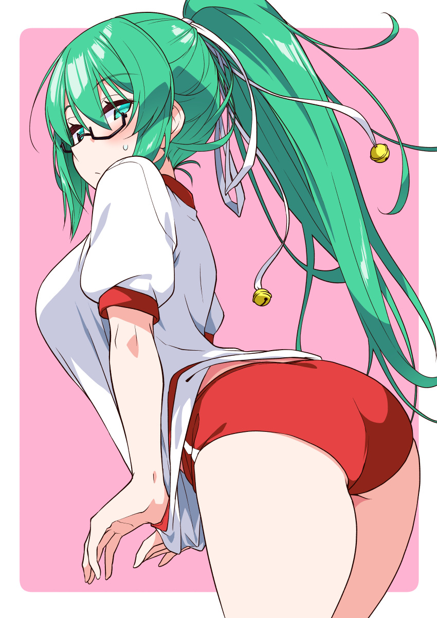 .live absurdres akari_ryuryuwa alternate_costume ass bad_id bad_pixiv_id black-framed_eyewear blush border buruma commentary_request female glasses green_eyes green_hair gym_uniform hair_between_eyes hair_ribbon highres kagura_suzu_(.live) leaning_forward long_hair outside_border pink_background ponytail red_buruma ribbon semi-rimless_eyewear shirt shirt_tug short_sleeves solo sportswear sweatdrop under-rim_eyewear very_long_hair virtual_youtuber white_border white_ribbon white_shirt