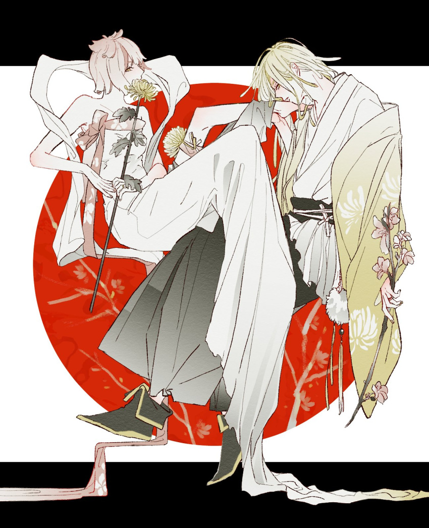 1boy bare_shoulders black_hakama blonde_hair breasts chrysanthemum dress female flower hagoromo hakama hakama_pants highres holding holding_flower japanese_clothes japanese_flag jigokuraku ju_fa kimono kissing_foot letterboxed long_dress looking_at_viewer medium_hair messy_hair midair muted_color pants peach_blossom pink_hair pointy_footwear shawl short_hair simple_background small_breasts strapless tao_fa tassel white_background white_kimono yuz46