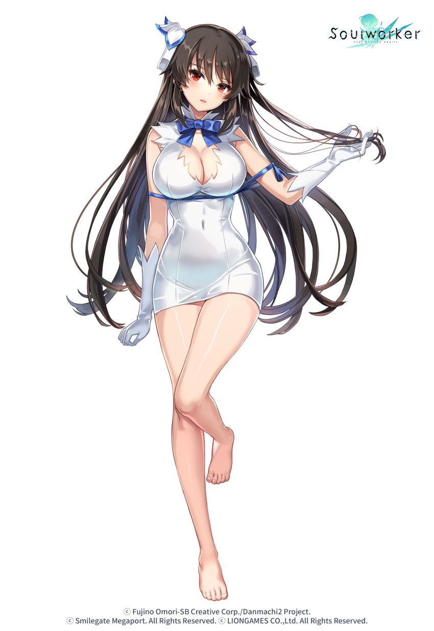 absurdres bare_legs bare_shoulders barefoot black_hair blue_ribbon bow bowtie breasts cleavage cleavage_cutout clothing_cutout cosplay covered_navel dress dungeon_ni_deai_wo_motomeru_no_wa_machigatteiru_darou_ka female full_body gloves hair_ornament hestia_(danmachi) hestia_(danmachi)_(cosplay) highres holding holding_own_hair iris_yuma large_breasts leg_up long_hair looking_at_viewer mimi_(ranma3049) official_art parted_lips pencil_dress red_eyes rei_no_himo ribbon short_dress simple_background sleeveless sleeveless_dress solo soulworker standing standing_on_one_leg thighs very_long_hair watermark white_background white_dress white_gloves