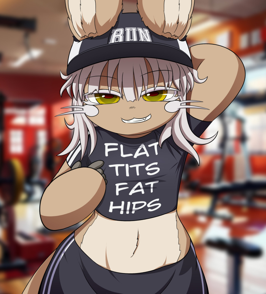 absurd_res anthro blurred_background clothing digital_media_(artwork) english_text female flat_chested front_view fur gesture gym hair hand_gesture hat headgear headwear hi_res lagomorph leporid looking_at_viewer made_in_abyss mammal meme nanachi narehate photo_background photography_(artwork) pointing pointing_at_self rabbit shirt smug_face smugbuns solo tan_body tan_fur text text_on_clothing text_on_shirt text_on_topwear topwear whiskers white_hair yellow_eyes