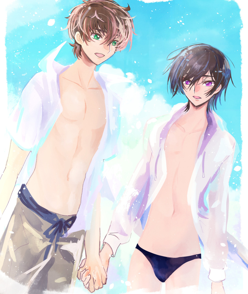 2boys absurdres black_hair brown_hair cloud cloudy_sky code_geass green_eyes hair_between_eyes highres holding_hands kururugi_suzaku lelouch_vi_britannia long_sleeves male_focus male_swimwear multiple_boys navel open_clothes open_mouth open_shirt ovo5922 partially_submerged purple_eyes shirt short_hair short_sleeves sky swim_briefs swim_trunks upper_body white_shirt yaoi