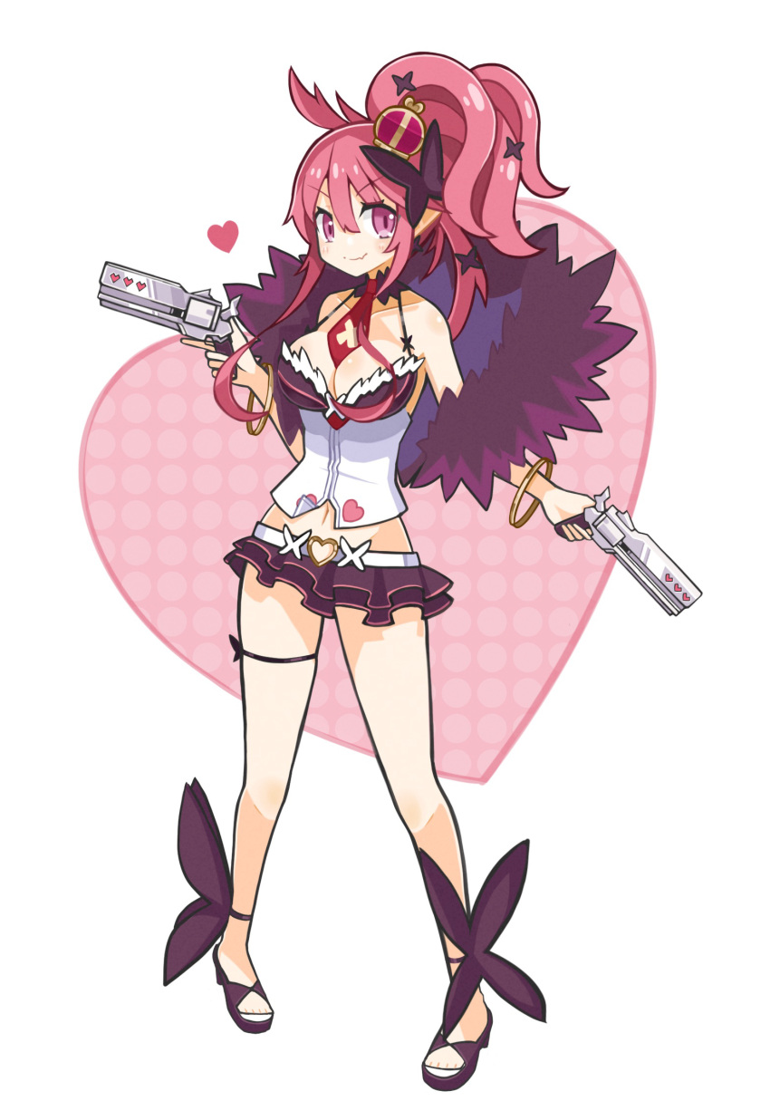 arched_crown bare_legs black_footwear black_skirt bracelet breasts cleavage closed_mouth collarbone crown disgaea dual_wielding female full_body fur_trim gun hair_ornament heart heart_background high_ponytail highres holding holding_gun holding_weapon jewelry layered_skirt legs_apart looking_at_viewer makai_senki_disgaea_5 medium_breasts medium_hair microskirt mini_crown navel necktie pigeon-toed pink_hair pointy_ears purple_eyes red_crown red_necktie sandals seraphina_(disgaea) shiny_skin skirt smile solo standing suaman weapon