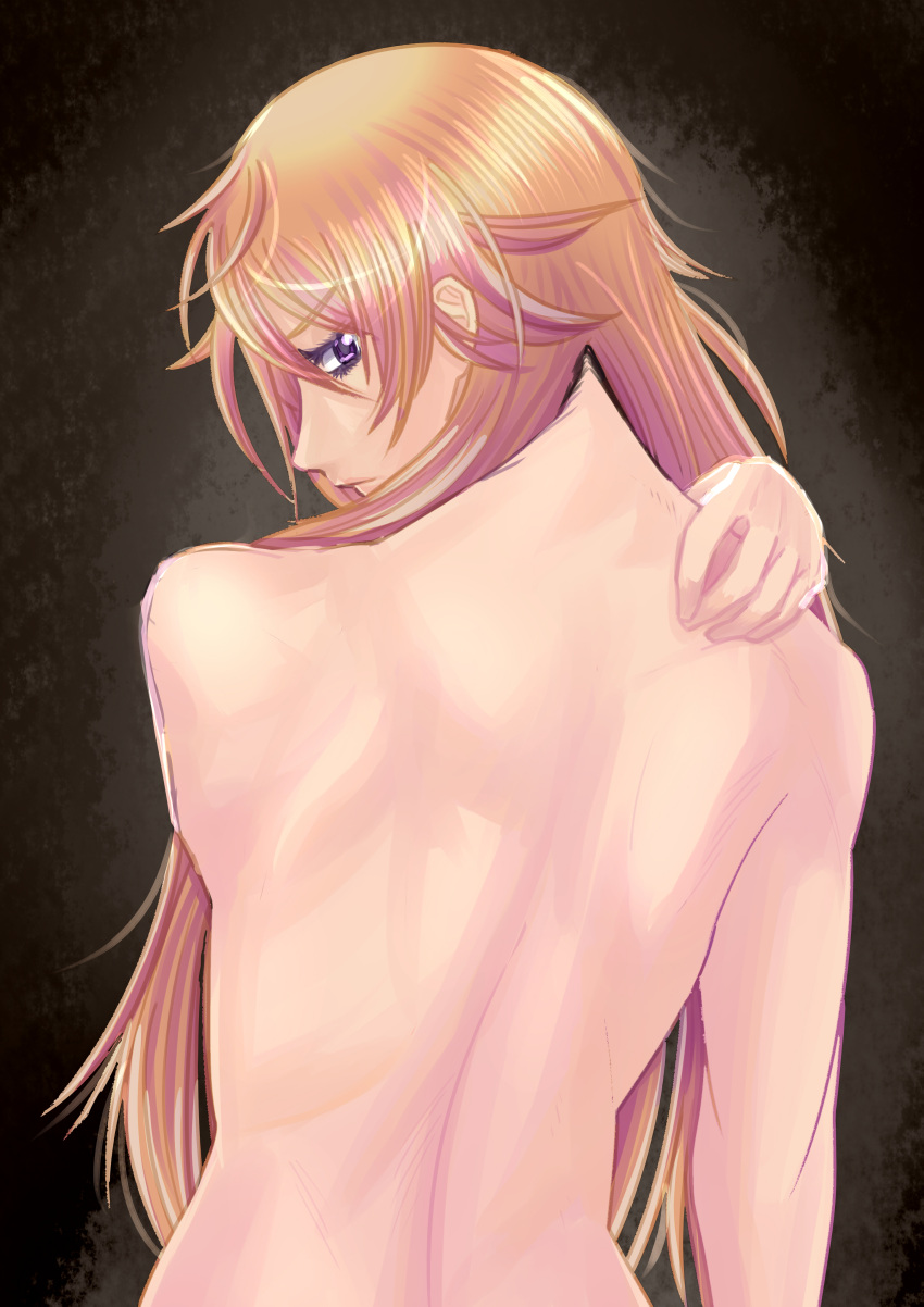 1boy absurdres ayukawa_ryuuji back blonde_hair blue_period closed_mouth completely_nude from_behind hair_between_eyes hand_on_own_shoulder highres keizabro_takahashi long_hair looking_back male_focus nude otoko_no_ko profile purple_eyes solo upper_body very_long_hair