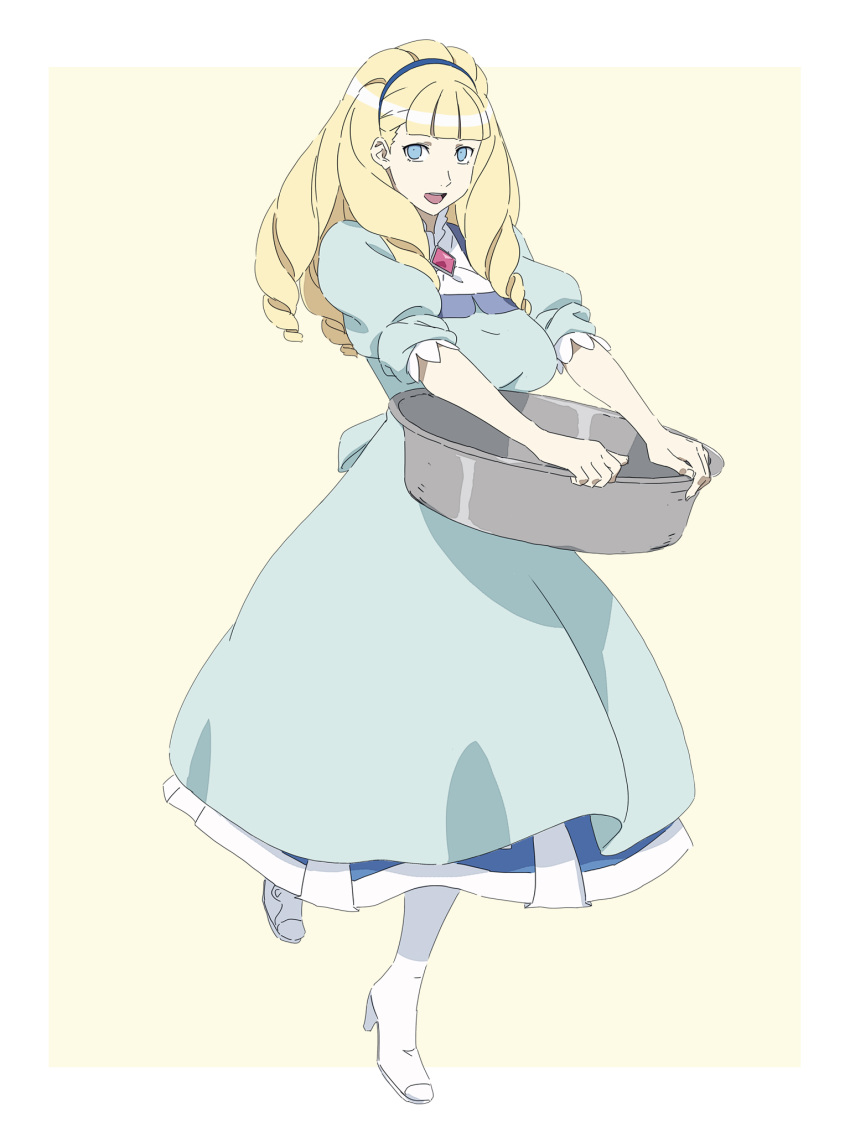 basin basket big_hair blonde_hair blue_eyes boots brooch commentary dianna_soreil dress drill_hair female gasora gundam hairband highres holding holding_basket jewelry laundry_basket photoshop_(medium) smile solo turn_a_gundam white_footwear