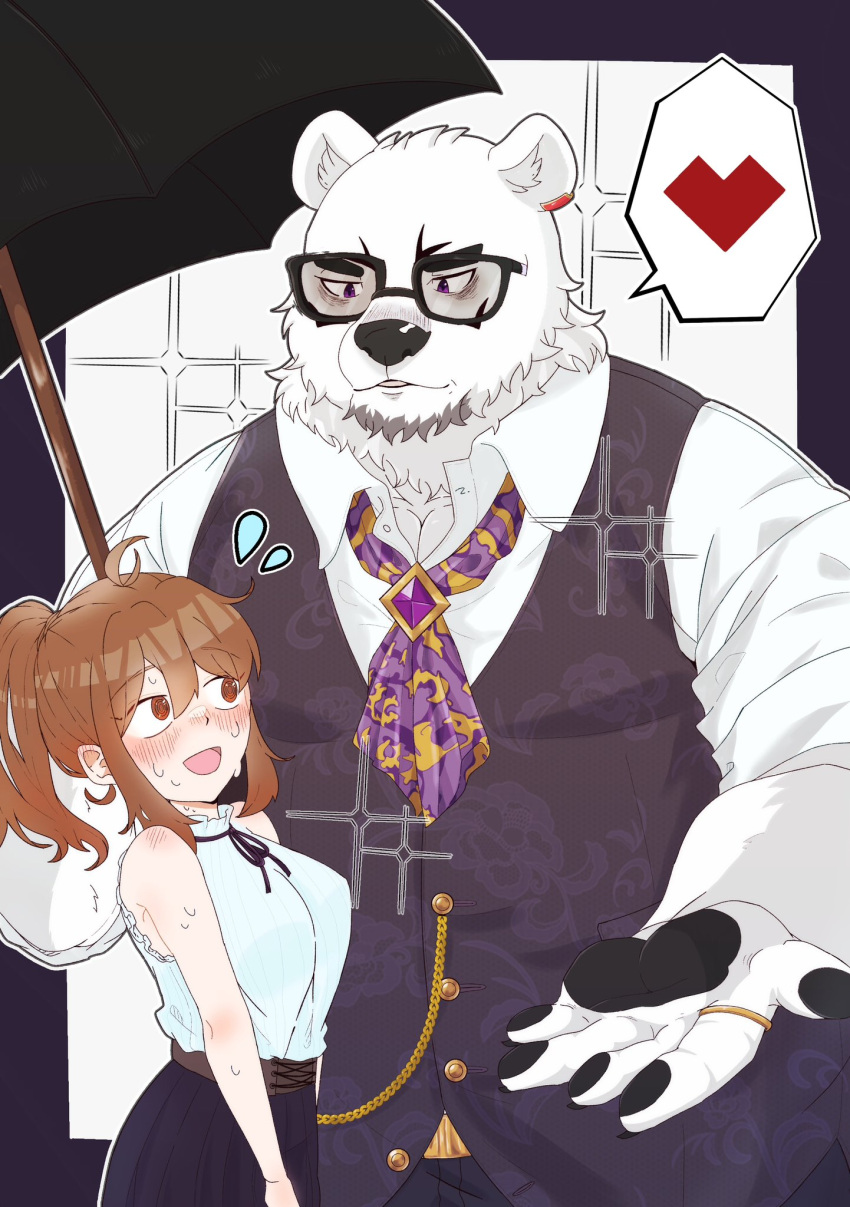 anthro bear blush borealis_(live_a_hero) brown_hair duo eyewear female female_operator formal_clothing fur glasses hair hi_res human lifewonders live_a_hero male mammal nagu_mogmog05 necktie pawpads polar_bear ponytail protagonist_(live_a_hero) size_difference ursine white_body white_fur