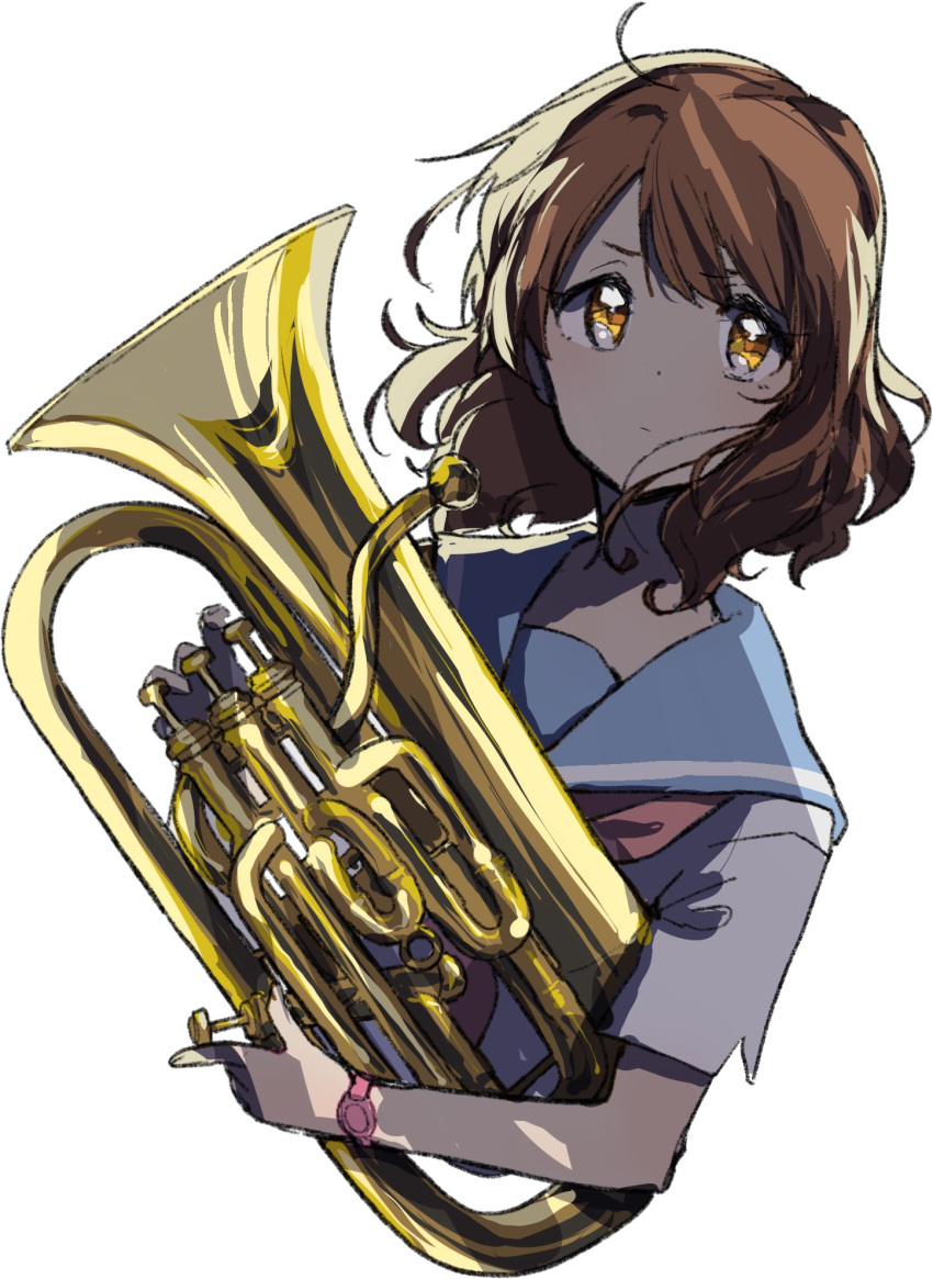 blue_sailor_collar brown_eyes brown_hair closed_mouth euphonium female hibike!_euphonium highres holding holding_instrument instrument kitauji_high_school_uniform looking_at_viewer neckerchief oumae_kumiko pink_neckerchief ritsu_(roboroboro) sailor_collar school_uniform serafuku shirt short_hair short_sleeves simple_background solo watch white_background white_shirt