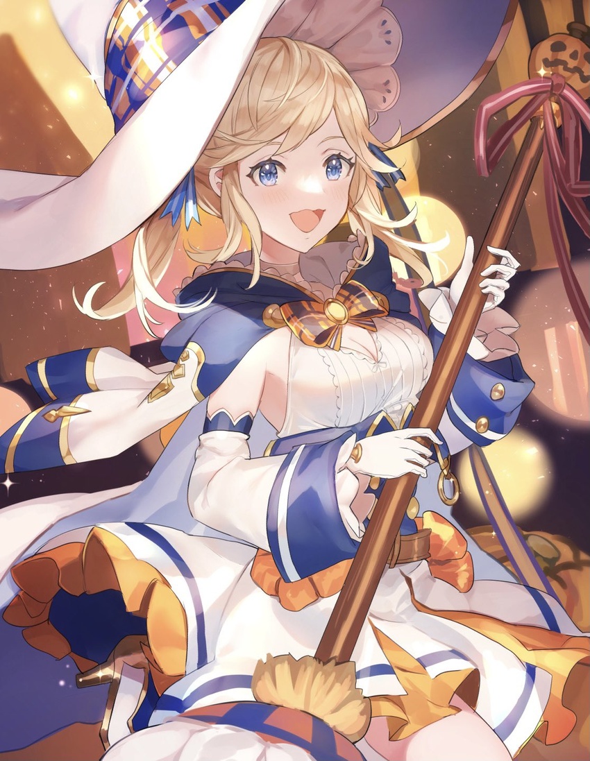 belt blonde_hair blue_eyes blue_ribbon blush breasts broom cape capelet choker cleavage cleavage_cutout clothing_cutout commentary_request corset cucouroux_(granblue_fantasy) cucouroux_(halloween)_(granblue_fantasy) detached_sleeves dress female gloves granblue_fantasy hair_ribbon hat highres holding holding_broom jack-o'-lantern kneeling looking_at_viewer medium_breasts medium_hair official_alternate_costume open_mouth pumpkin red_ribbon ribbon shiromimin sidelocks smile solo sparkle white_dress white_gloves white_hat witch_hat