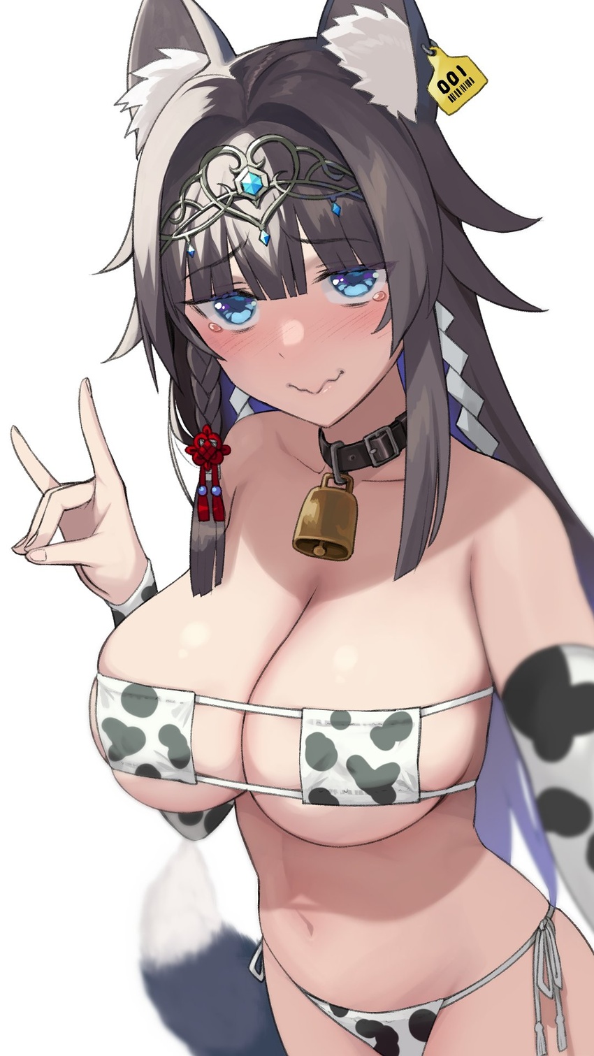 animal_ear_fluff animal_ears animal_print bell belt_collar bikini black_hair blue_eyes blush breasts cleavage closed_mouth collar commentary_request cow_print cow_print_bikini cowbell crying crying_with_eyes_open ear_tag embarrassed eyepatch_bikini female fox_ears fox_girl fox_shadow_puppet fox_tail highres indie_virtual_youtuber kogamino_touka large_breasts long_hair looking_at_viewer navel nervous_smile print_bikini shadow simple_background smile solo swimsuit tail tears virtual_youtuber white_background yuzuriha_(active_homing)