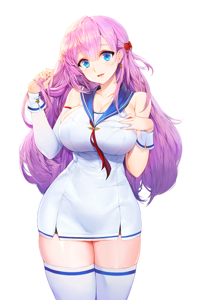 bare_shoulders blue_eyes blue_sailor_collar blush breasts cleavage collarbone dress earrings female hair_between_eyes hand_in_own_hair hand_on_own_chest head_tilt highres jewelry large_breasts light_purple_hair long_hair looking_at_viewer official_art parted_lips resized rosie_(soccer_spirits) sailor_collar skindentation smile snowball22 soccer_spirits solo standing thighhighs third-party_source transparent_background upscaled white_dress white_thighhighs wrist_cuffs