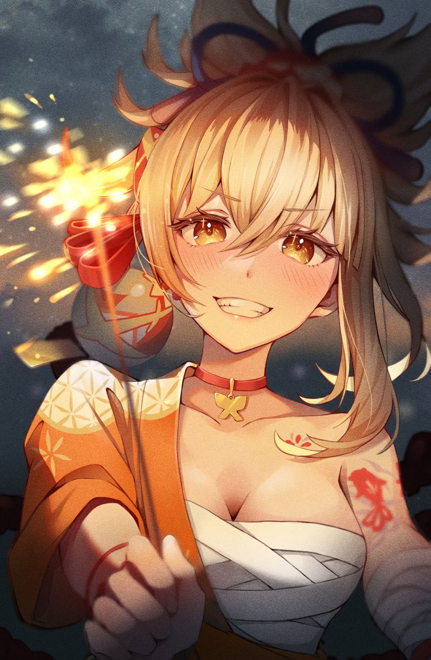 absurdres arm_tattoo bandaged_arm bandages blonde_hair blue_ribbon blurry blurry_foreground blush breasts brown_eyes bug butterfly choker cleavage collarbone commentary_request evening female fireworks genshin_impact grin hair_between_eyes hair_ribbon half_updo highres holding holding_fireworks japanese_clothes jewelry kimono long_hair looking_at_viewer medium_breasts moguta_(moguta9) orange_kimono pendant red_choker ribbon sarashi smile solo sparkler tattoo teeth upper_body yoimiya_(genshin_impact)