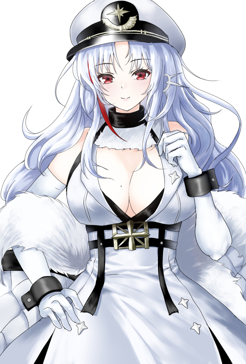 azur_lane bare_shoulders blush breasts cleavage closed_mouth commentary cowboy_shot dress elbow_gloves female fur_trim gloves hand_on_own_hip hand_up hat highres hokkaidonder large_breasts long_hair looking_at_viewer mole mole_on_breast multicolored_hair parted_bangs red_eyes red_hair simple_background smile solo streaked_hair tallinn_(azur_lane) white_background white_dress white_gloves white_hair white_hat