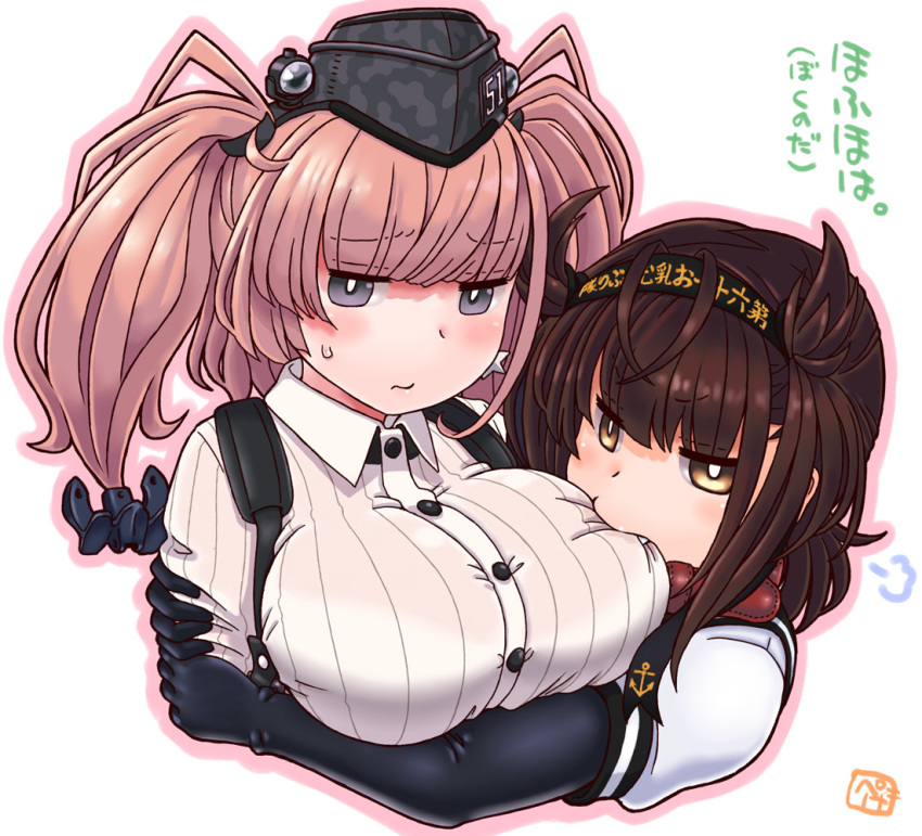 1boy androgynous animal_collar atlanta_(kancolle) biting blush blush_stickers breast_biting breasts collar commentary_request crossdressing earrings female fukidamari_no_peke genderswap_(ftm) hair_flaps hairband hatsuzuki_(kancolle) headband hug jewelry kantai_collection large_breasts long_hair rule_63 short_hair star_(symbol) star_earrings straight translated two_side_up