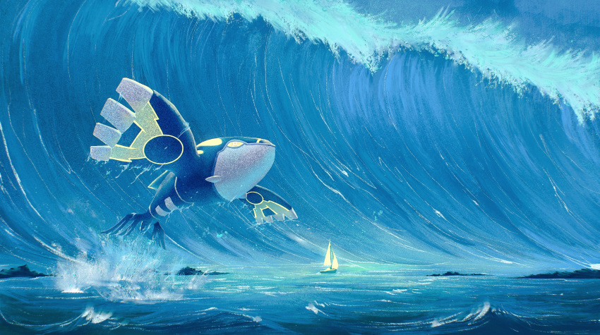 boat glowing glowing_eye highres kyogre no_humans ocean outdoors pokemon pokemon_(creature) primal_kyogre scenery shank solo water watercraft waves