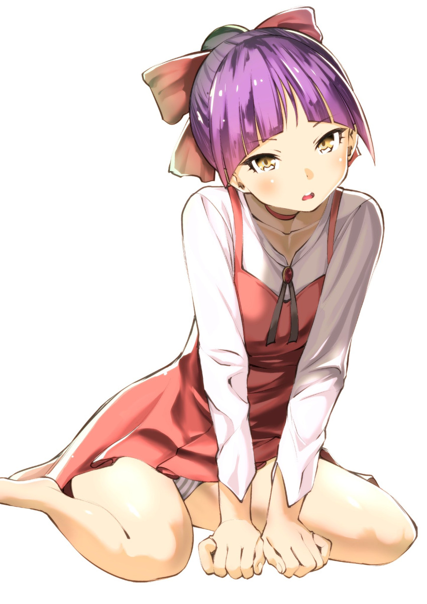 blush bow choker collarbone female fingernails fukushima_masayasu gegege_no_kitarou grey_background grey_panties hair_bun hairbow highres looking_at_viewer nekomusume open_mouth panties purple_hair red_bow red_choker simple_background single_hair_bun sitting solo striped_clothes striped_panties teeth tongue underwear upper_teeth_only wariza yellow_eyes