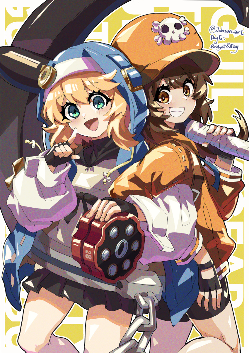 1boy :d anchor aqua_eyes black_gloves black_shorts black_skirt blonde_hair blue_jacket bridget brown_eyes brown_hair commentary_request female fingerless_gloves gloves grin guilty_gear guilty_gear_strive highres holding holding_weapon hood hooded_jacket jacket long_sleeves looking_at_viewer may_(guilty_gear) miniskirt open_mouth orange_jacket otoko_no_ko short_hair shorts skirt sleepyowl_(jobkung15) smile thighs weapon yellow_eyes