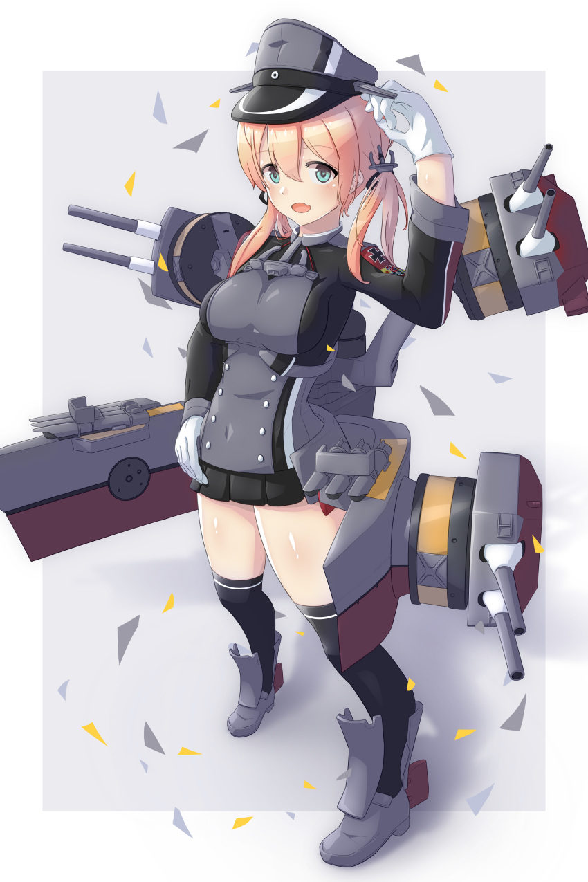 absurdres aqua_eyes arthur_ko bad_anatomy bad_perspective black_skirt black_thighhighs blonde_hair breasts commentary_request female full_body gloves hair_between_eyes hat highres kantai_collection large_breasts long_hair long_sleeves low_twintails machinery military military_hat military_uniform open_mouth over-kneehighs partial_commentary peaked_cap photoshop_(medium) pleated_skirt prinz_eugen_(kancolle) skirt solo standing thighhighs turret twintails uniform white_gloves