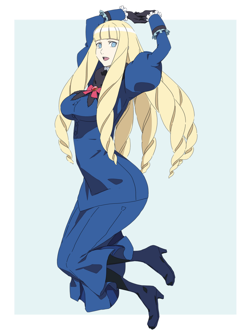 big_hair black_footwear black_gloves blonde_hair blue_eyes boots brooch commentary cosplay dianna_soreil dress drill_hair female frills gasora gloves gundam highres jewelry kihel_heim kihel_heim_(cosplay) photoshop_(medium) smile solo stretching turn_a_gundam