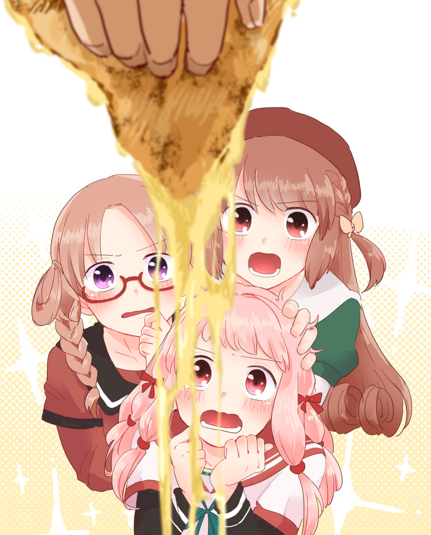 1boy 3girls absurdres brown_hair food highres hiiragi_nemu kamihama_university_affiliated_school_uniform magia_record:_mahou_shoujo_madoka_magica_gaiden mahou_shoujo_madoka_magica multi-tied_hair multiple_girls pink_hair pizza pizza_slice purple_eyes red_eyes red_hair sailor_collar sankyoin_academy_school_uniform satomi_touka school_uniform serafuku shirt st._liliana's_academy_school_uniform tamaki_ui ultimate_magnum white_shirt