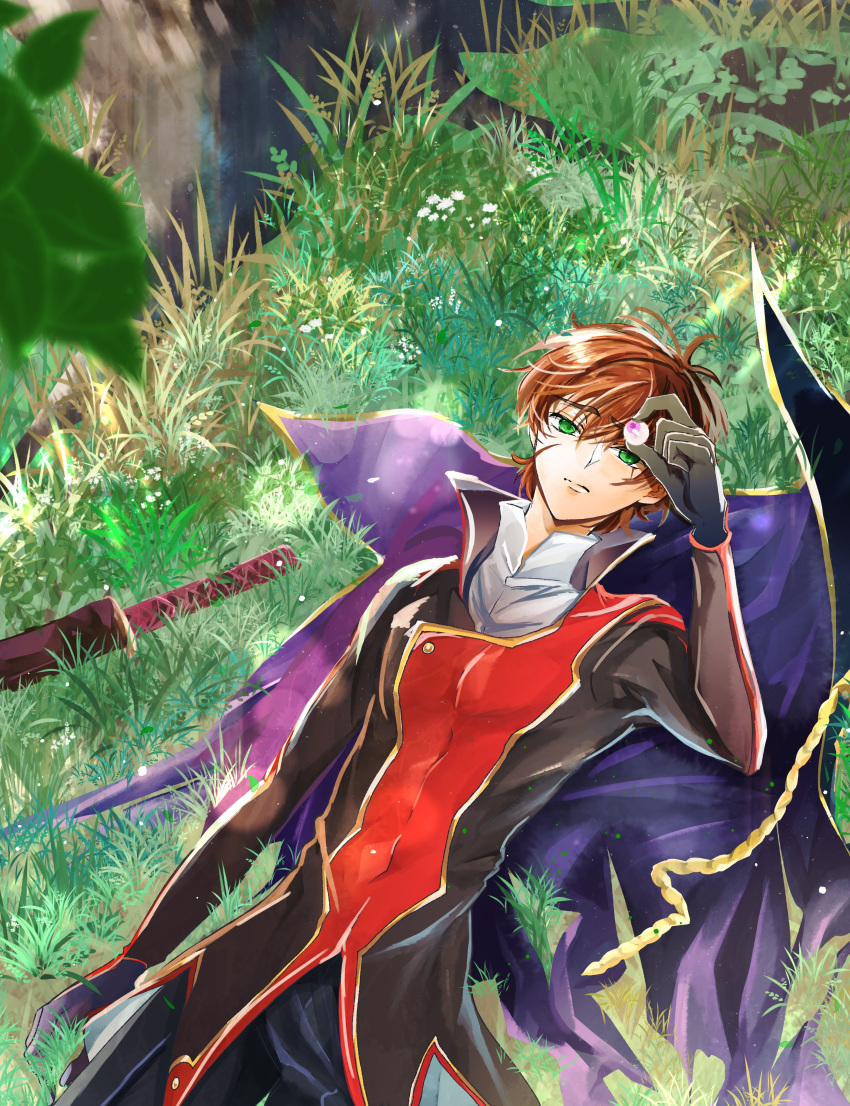 1boy absurdres black_gloves black_pants brown_hair code_geass code_geass:_genesic_re;code flower gloves grass green_eyes hair_between_eyes high_collar highres jacket kururugi_suzaku leaf lying male_focus multicolored_clothes multicolored_jacket on_back ovo5922 pants scar scar_on_cheek scar_on_face shirt short_hair solo unworn_cloak upper_body white_shirt