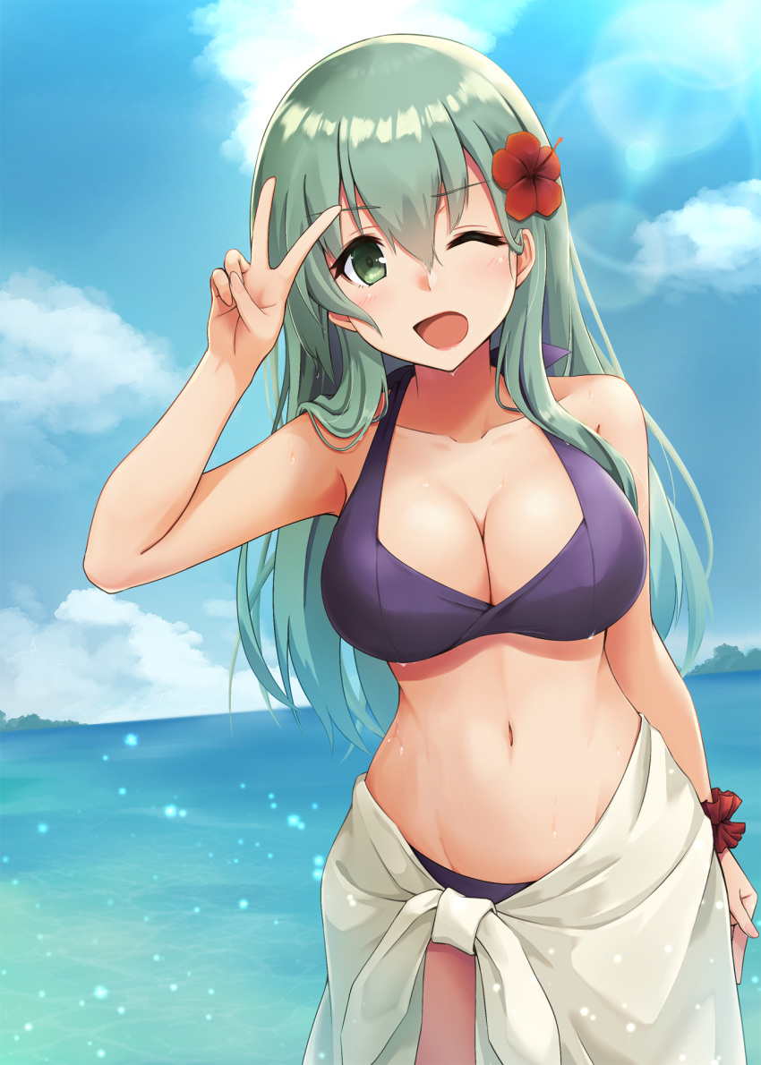 bikini breasts cleavage closed_eyes cloud collarbone commentary_request cowboy_shot day female flower green_eyes green_hair hair_between_eyes hair_flower hair_ornament highres kantai_collection kodama_(mmt_uf) large_breasts long_hair looking_at_viewer navel ocean one_eye_closed open_mouth outdoors purple_bikini red_flower sarong smile solo suzuya_(kancolle) swimsuit v white_sarong