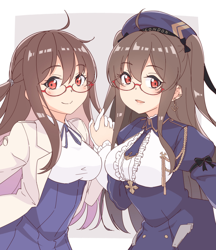 2girls anchor_earrings azur_lane beret breast_cutout breasts brown_hair center_frills character_name clone dress earrings framed_breasts frills glasses gloves hat highres jacket jewelry london_(azur_lane) london_(retrofit)_(azur_lane) long_hair looking_at_viewer medium_breasts multiple_girls open_clothes open_jacket puffy_sleeves purple_dress purple_headwear red-framed_eyewear red_eyes semi-rimless_eyewear shirt sleeveless sleeveless_shirt smile upper_body white_gloves white_shirt yuki_shizuku