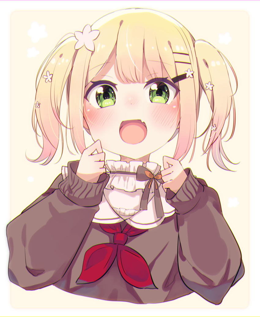 :d absurdres blonde_hair blush brown_sweater commentary_request cropped_torso female flower green_eyes hair_flower hair_ornament hairclip hands_up highres hololive long_sleeves looking_at_viewer medium_hair momosuzu_nene momosuzu_nene_(casual) neckerchief oerba_yun_fang official_alternate_costume official_alternate_hair_length official_alternate_hairstyle okota_mikan puffy_long_sleeves puffy_sleeves red_neckerchief shirt sleeves_past_wrists smile solo sweater twintails upper_body virtual_youtuber white_flower white_shirt