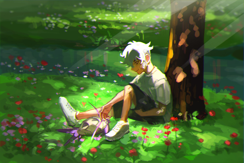 1boy aged_down bandage_on_face bandages black_shorts commentary_request day flower grass guzma_(pokemon) highres male_focus meipu_hm outdoors pokemon pokemon_(creature) pokemon_sm shirt shoes short_sleeves shorts sitting smile sneakers tree white_hair white_shirt wimpod