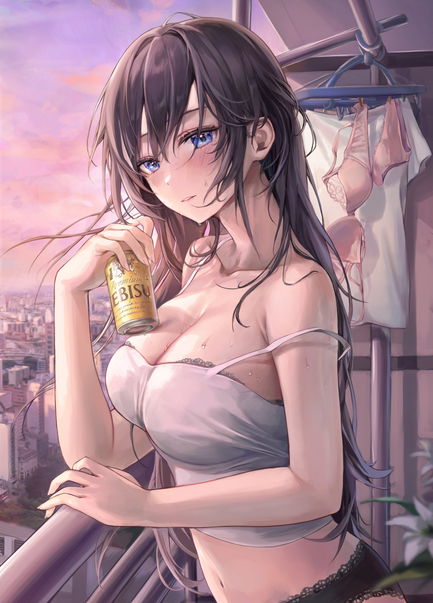 absurdres aibek balcony bare_arms bare_shoulders beer_can black_panties blue_eyes bra bra_peek breasts brown_hair camisole can cityscape cleavage clothes_hanger collarbone commentary_request condensation crop_top drink drink_can drunk elbow_rest evening female flower highres holding holding_drink lace-trimmed_bra lace-trimmed_panties lace_trim large_breasts long_hair looking_at_viewer midriff navel original panties parted_lips pink_bra pink_panties railing shirt sidelocks sky solo spaghetti_strap stomach strap_slip sweat underwear upper_body wet white_camisole white_flower white_shirt