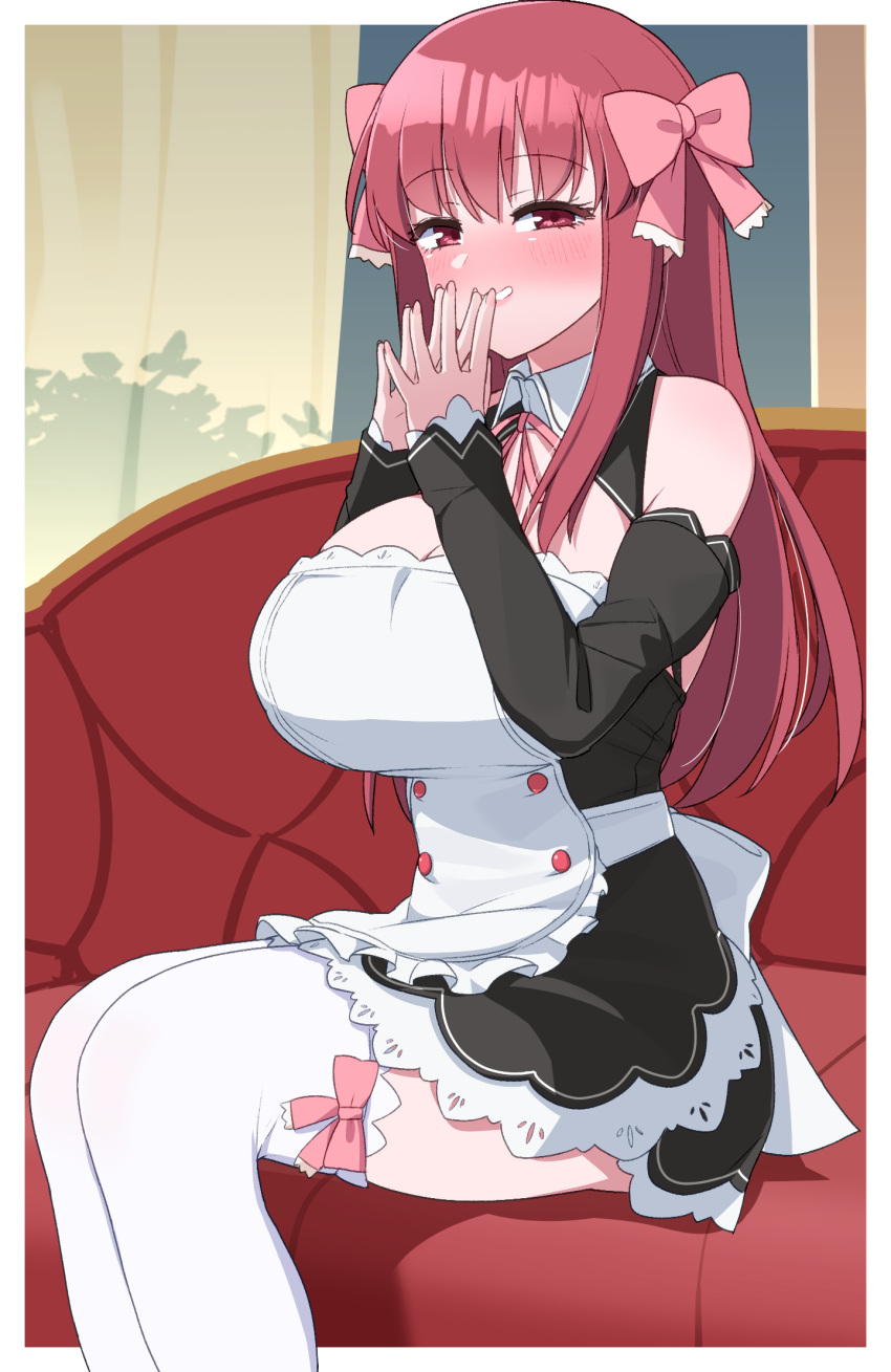 akitokage blush bow breasts couch curtains detached_sleeves dress female frilled_dress frills hairbow highres large_breasts long_hair maid on_couch original own_hands_together pink_bow pink_ribbon red_eyes red_hair ribbon silhouette sitting smile steepled_fingers thighhighs white_thighhighs