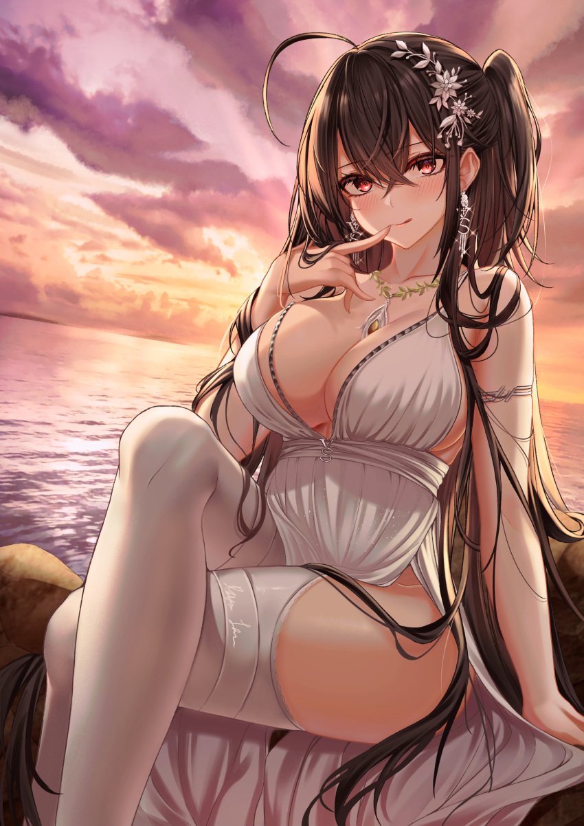 absurdres azur_lane backless_dress backless_outfit black_hair bratja breasts center_opening cleavage cocktail_dress crossed_legs dress earrings evening_gown female finger_to_mouth hair_between_eyes hair_strand highres huge_breasts jewelry long_hair official_alternate_costume outdoors plunging_neckline red_eyes satin_dress sleeveless sleeveless_dress solo sunset taihou_(azur_lane) taihou_(temptation_on_the_sea_breeze)_(azur_lane) thighhighs very_long_hair water wedding_dress white_dress white_thighhighs