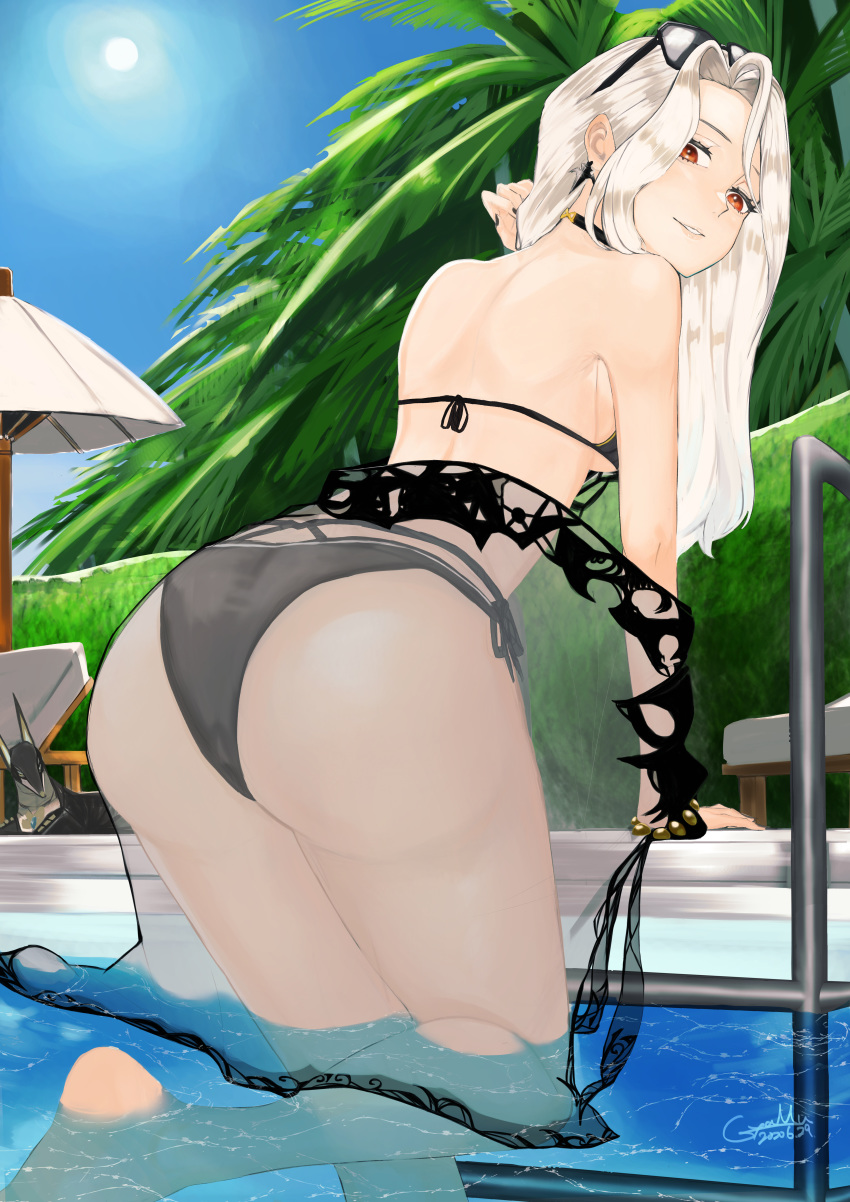 absurdres ass back bare_shoulders bikini black_bikini blue_sky breasts carmilla_(fate) carmilla_(swimsuit_rider)_(fate) carmilla_(swimsuit_rider)_(third_ascension)_(fate) curly_hair eyewear_on_head fate/grand_order fate_(series) female gyamu_(chewing-gum) highres large_breasts long_hair looking_at_viewer looking_back outdoors parted_bangs parted_lips poolside sarong sky smile sunglasses swimsuit thighs wading water white_hair