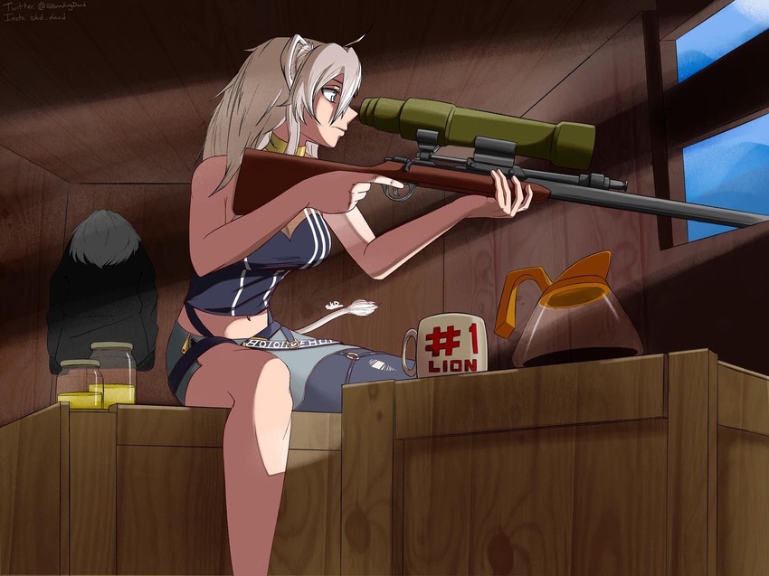 animal_ear_fluff animal_ears breasts coffee coffee_mug coffee_pot cup female from_side fur_trim grey_eyes grey_hair gun holding holding_gun holding_weapon hololive jacket jarate jpeg_artifacts lion_ears lion_girl lion_tail long_hair medium_breasts mug navel o-ring o-ring_thigh_strap pantyhose pee_in_container piss_bottle rifle shishiro_botan shishiro_botan_(1st_costume) single_leg_pantyhose sitting skd sniper_(tf2) sniper_rifle solo tail team_fortress_2 thigh_strap torn_clothes torn_pantyhose unworn_jacket virtual_youtuber weapon