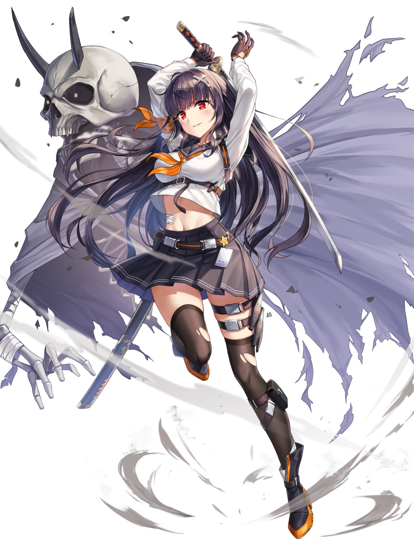 absurdres aliceblue bad_id bad_pixiv_id benghuai_xueyuan black_footwear black_skirt boots breasts brown_gloves brown_thighhighs cape evil_grin evil_smile female full_body gloves grin hair_between_eyes hair_ornament hairpin highres holding holding_sword holding_weapon honkai_(series) honkai_impact_3rd horns katana long_hair long_sleeves looking_at_viewer navel open_mouth ponytail purple_hair raiden_mei red_eyes school_uniform sheath simple_background skeleton skirt skull smile solo sword teeth thighhighs torn_cape torn_clothes torn_thighhighs uniform v-shaped_eyebrows weapon white_background