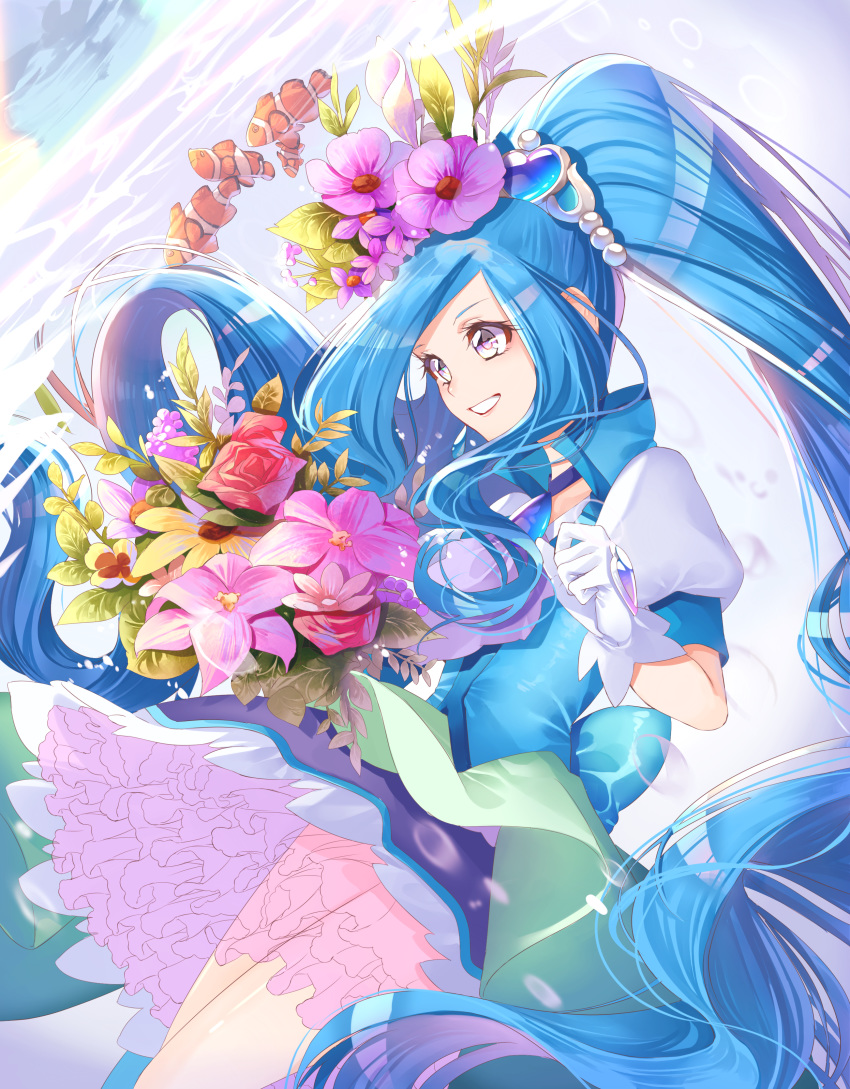 absurdres back_bow blue_bow blue_eyes blue_hair blue_neckwear blue_skirt blue_vest bouquet bow choker cowboy_shot cure_fontaine female fish flower frills gloves hair_flower hair_ornament healin'_good_precure high_ponytail highres long_hair looking_away magical_girl ponytail precure red_flower red_rose rose sawaizumi_chiyu skirt smile solo vest white_gloves yuutarou_(fukiiincho)