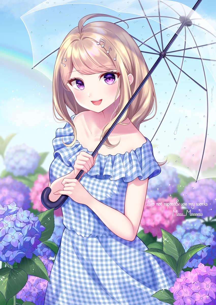 ahoge akamatsu_kaede alternate_costume bangs banned_artist bare_shoulders blonde_hair blue_dress blue_flower collarbone danganronpa dress eyebrows_visible_through_hair female floral_background flower highres holding holding_umbrella long_hair looking_at_viewer musical_note musical_note_hair_ornament nabekokoa new_danganronpa_v3 open_mouth pink_flower purple_eyes repost_notice short_sleeves smile solo transparent transparent_umbrella two-tone_dress umbrella upper_teeth white_dress