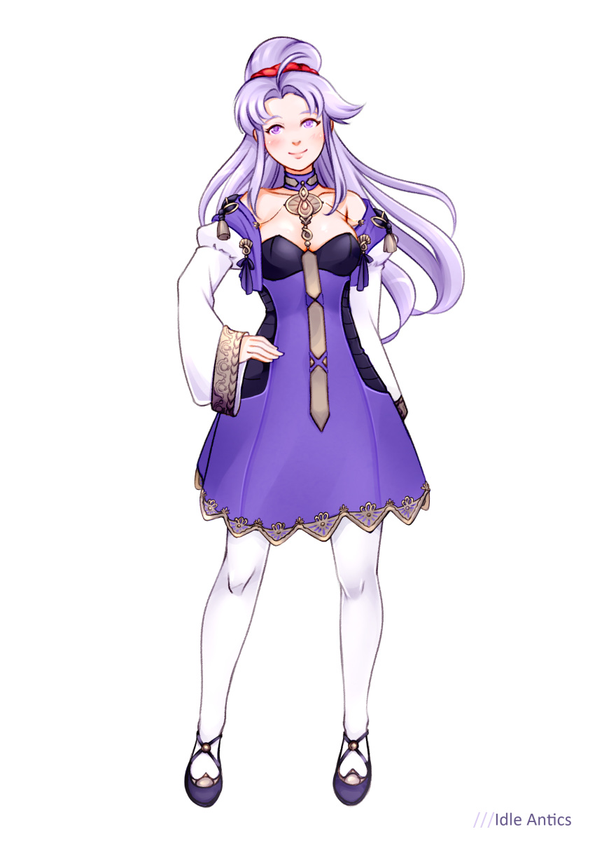 absurdres artist_name closed_mouth commentary cosplay dress english_commentary female fire_emblem fire_emblem:_genealogy_of_the_holy_war fire_emblem:_three_houses full_body highres idle_antics long_hair long_sleeves lysithea_von_ordelia lysithea_von_ordelia_(cosplay) ponytail purple_eyes purple_hair simple_background smile solo tailtiu_(fire_emblem) white_background white_legwear