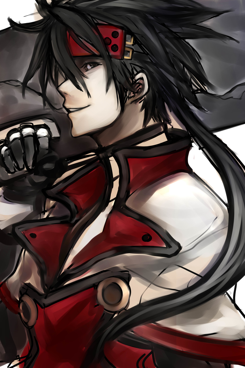 1boy absurdres black_hair capelet commentary_request early_type forehead_protector gloves guilty_gear highres long_hair male_focus order-sol over_shoulder ponytail sol_badguy solo sword sword_over_shoulder weapon weapon_over_shoulder